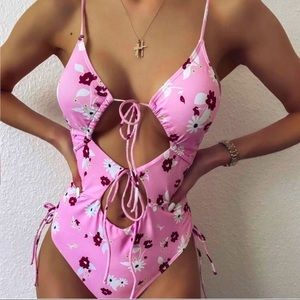 Beltane Flash Sale! Pink flowered one piece cutout/tie up swimsuit